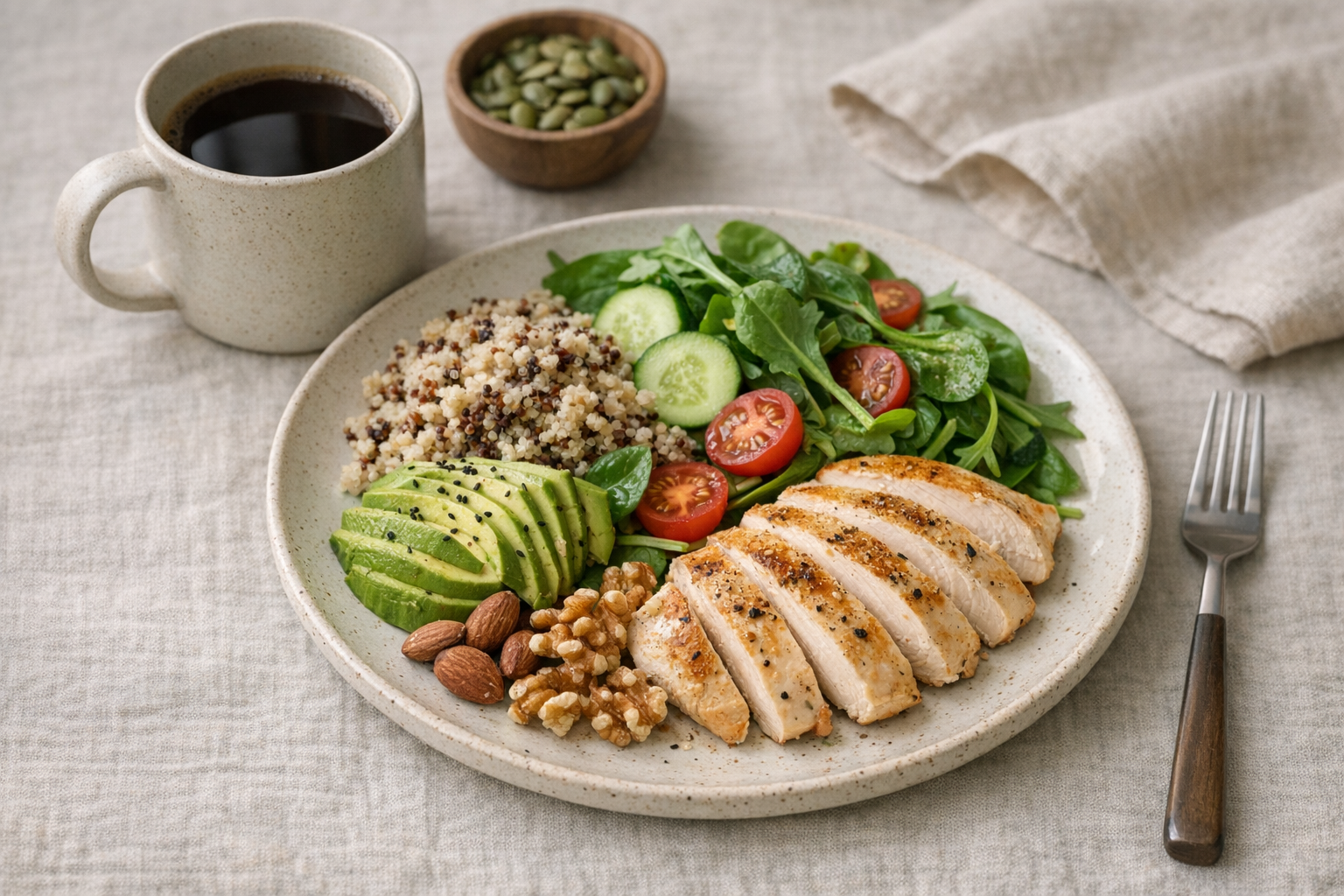 Balanced meal with leafy greens and nuts