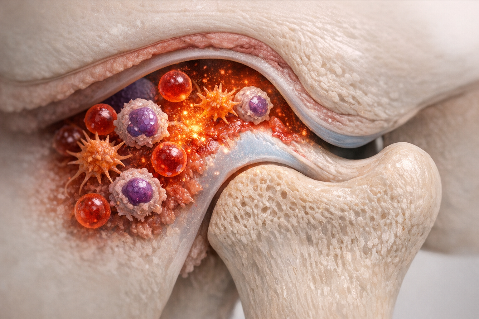 Graphic of inflammatory cells affecting TMJ cartilage