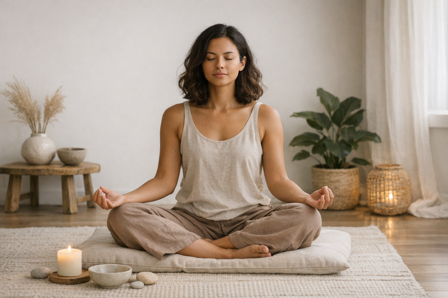 Person meditating peacefully in a quiet room