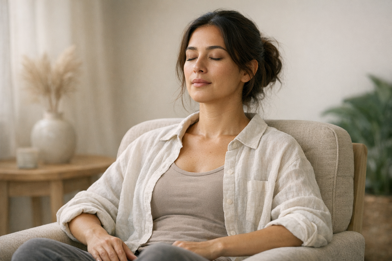 Person sitting in chair practicing mindful breathing