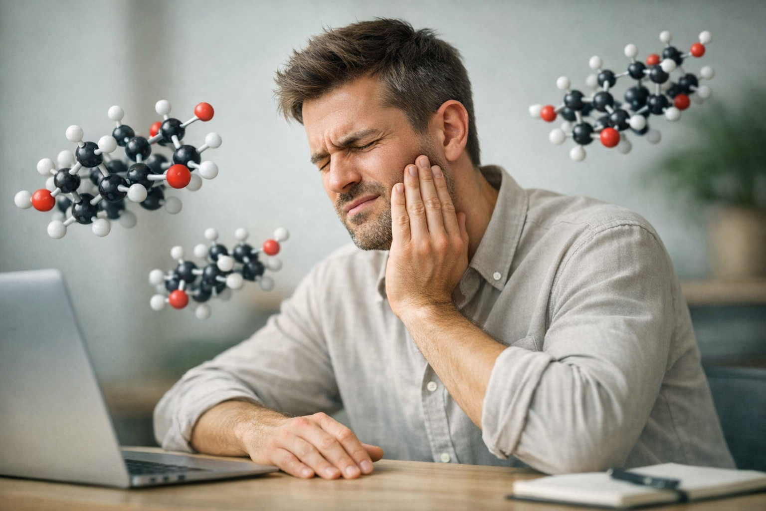 Stressed worker holding jaw, cortisol molecules nearby