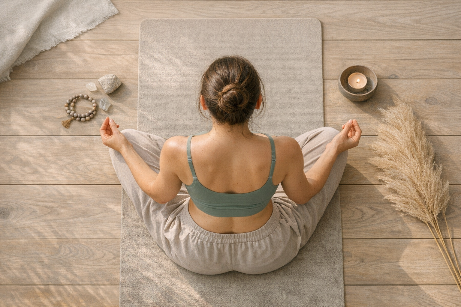 Person meditating on yoga mat for stress reduction
