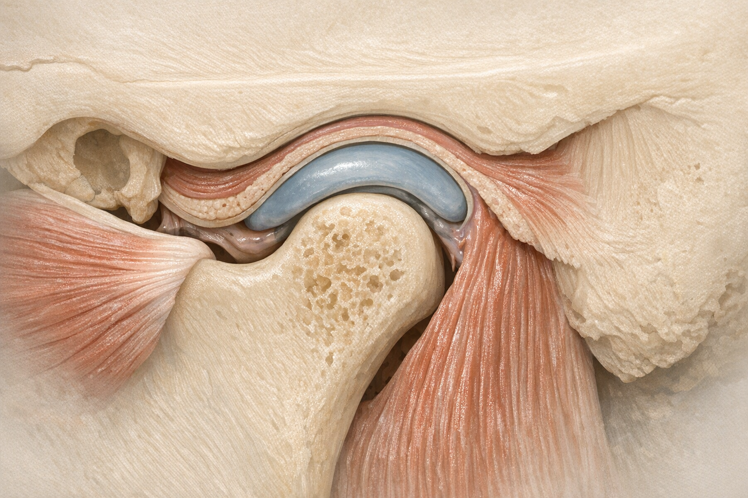 Cross-section of temporomandibular joint showing disc and muscles