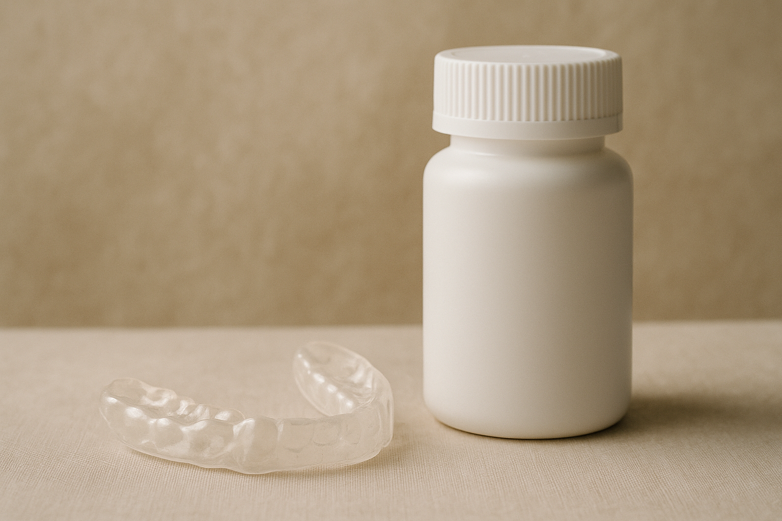 Dental night guard beside ADHD medication bottle