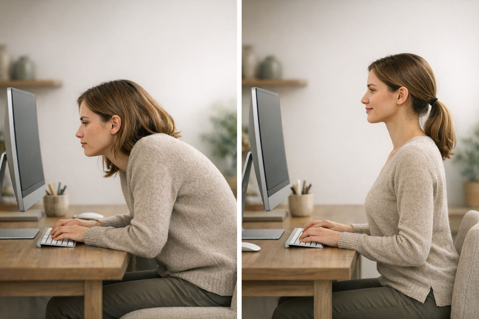 Comparison of slouched and upright posture at desk