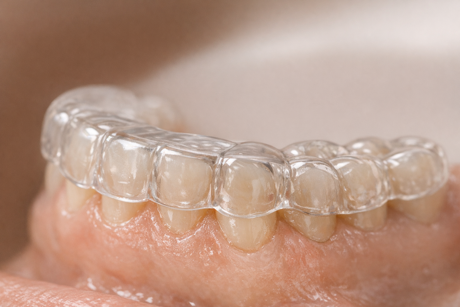 Transparent occlusal splint on molars close-up photo