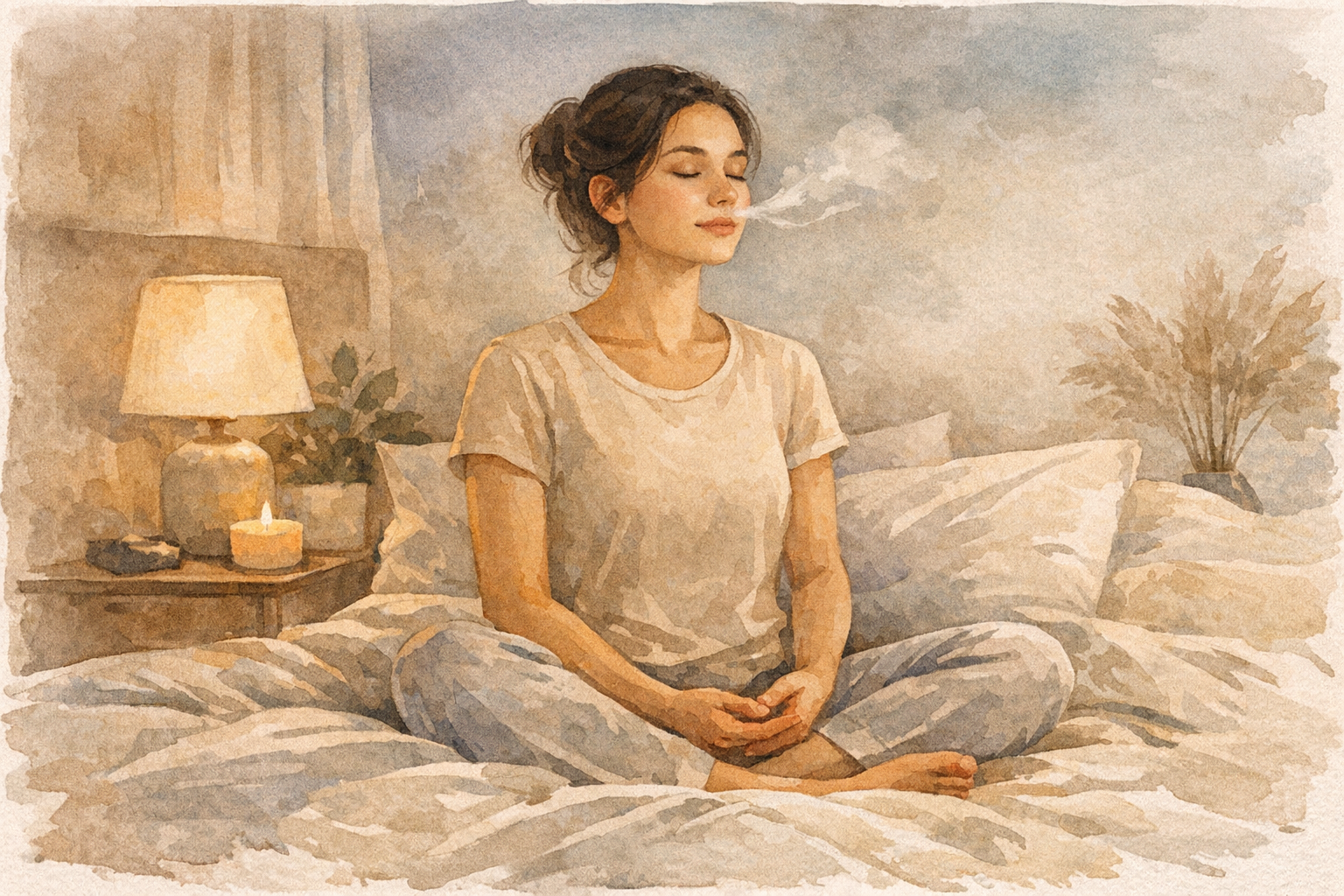 Person practicing mindful breathing before sleep
