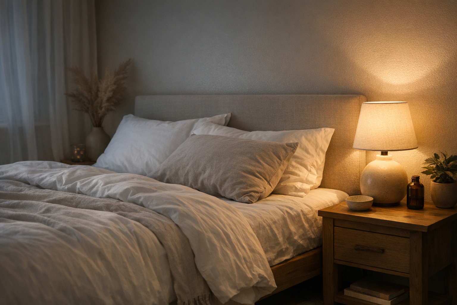 Dimly lit bedroom with ideal sleep environment