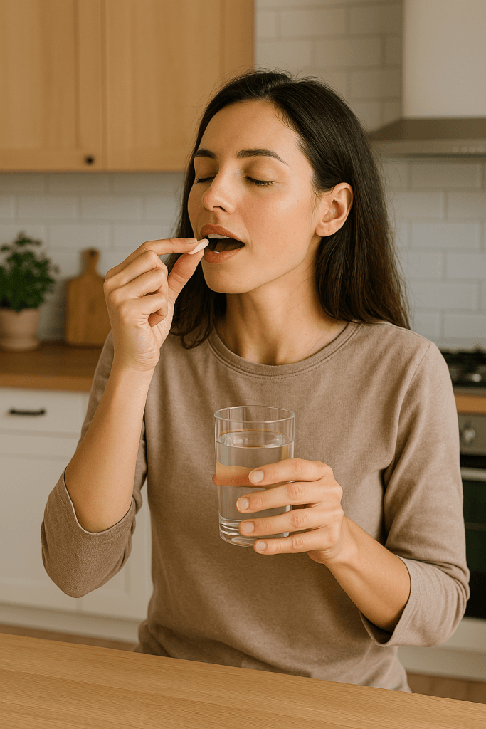 A woman taking a magnesium supplement with a glass of water in a kitchen setting.