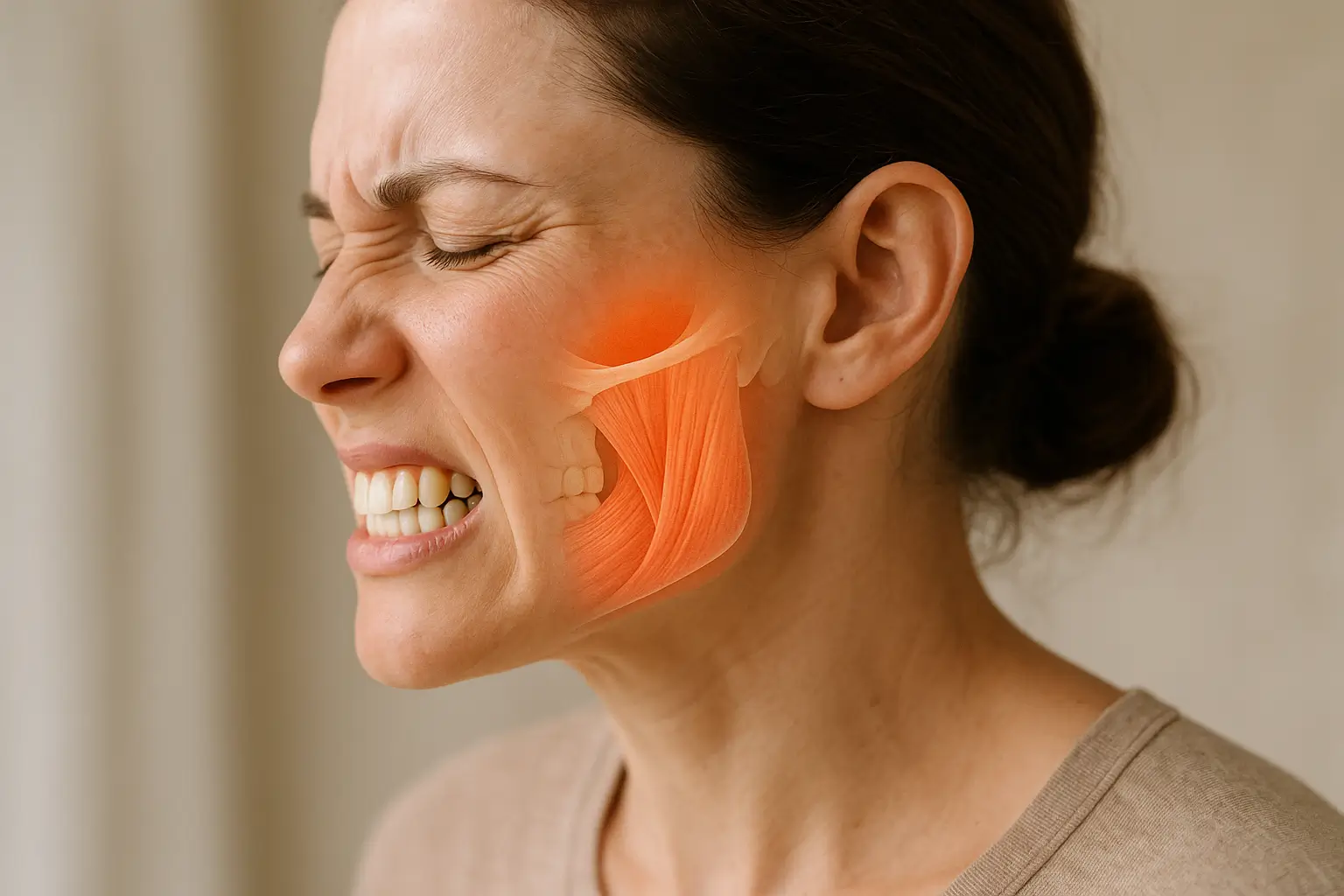 Illustration of person clenching teeth with tense jaw muscles