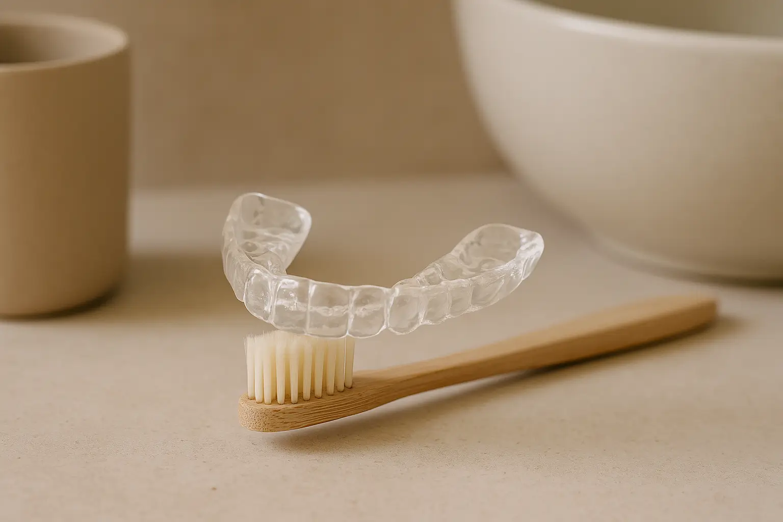Transparent night guard on toothbrush in bathroom
