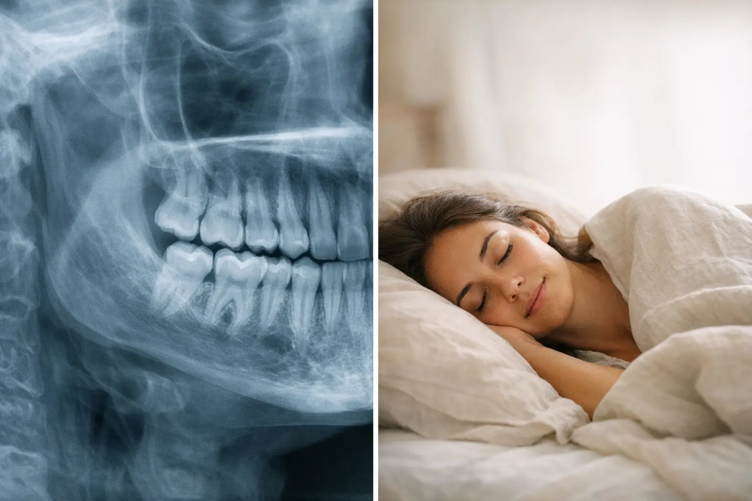 Split image of clenched jaw X-ray and sleeping person