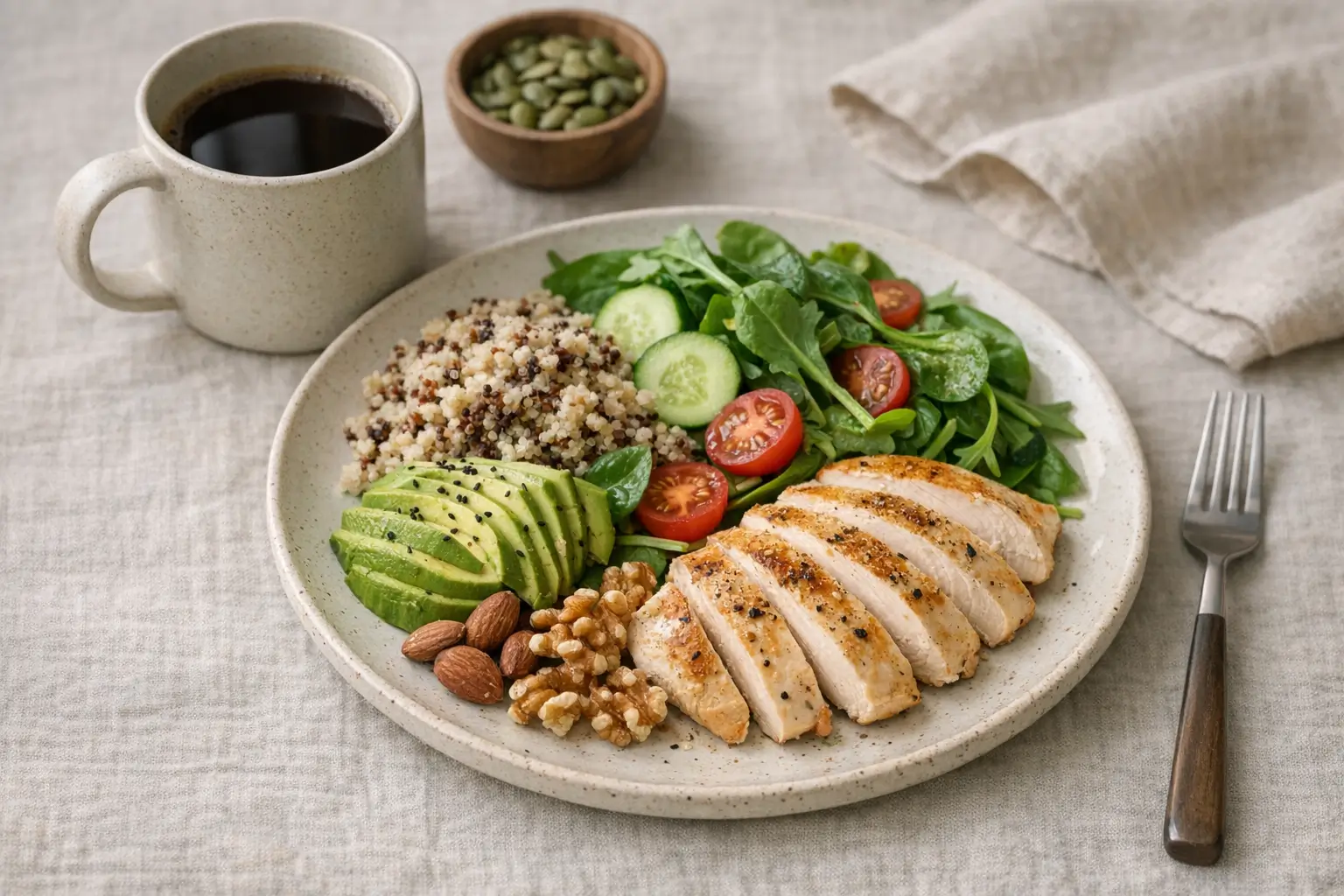 Balanced meal with leafy greens and nuts