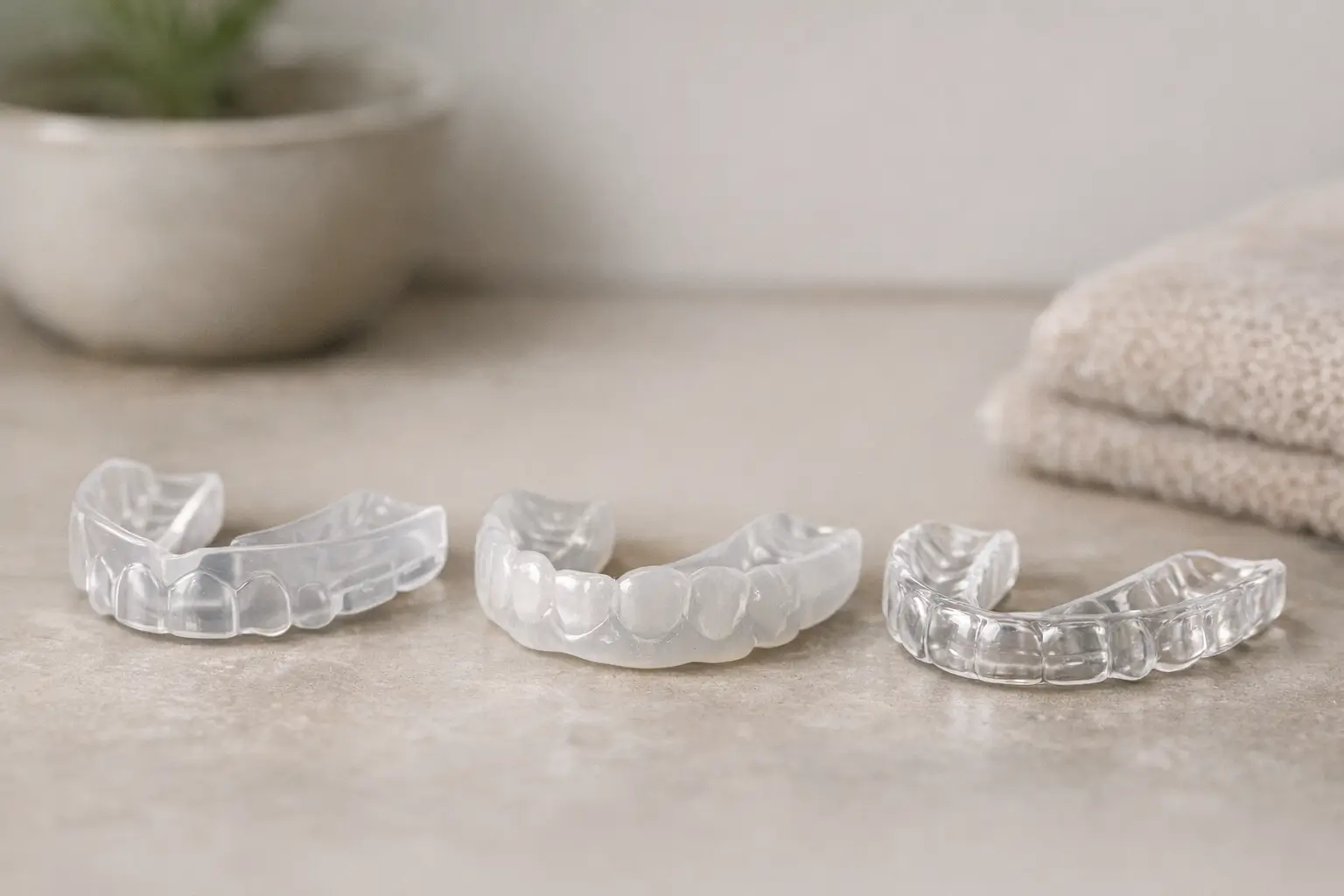 Close-up of stock, boil-and-bite, and custom mouthguards