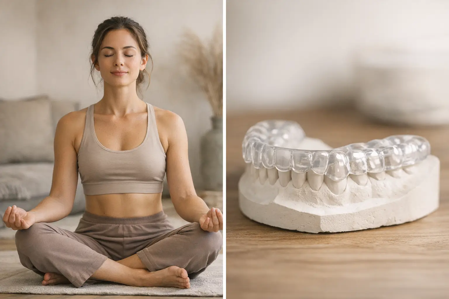 Yoga pose and dental nightguard on teeth model