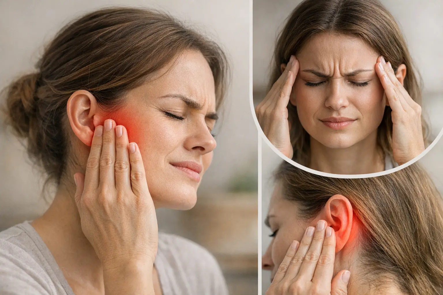Infographic of TMJ symptoms: jaw pain, headaches, ear discomfort