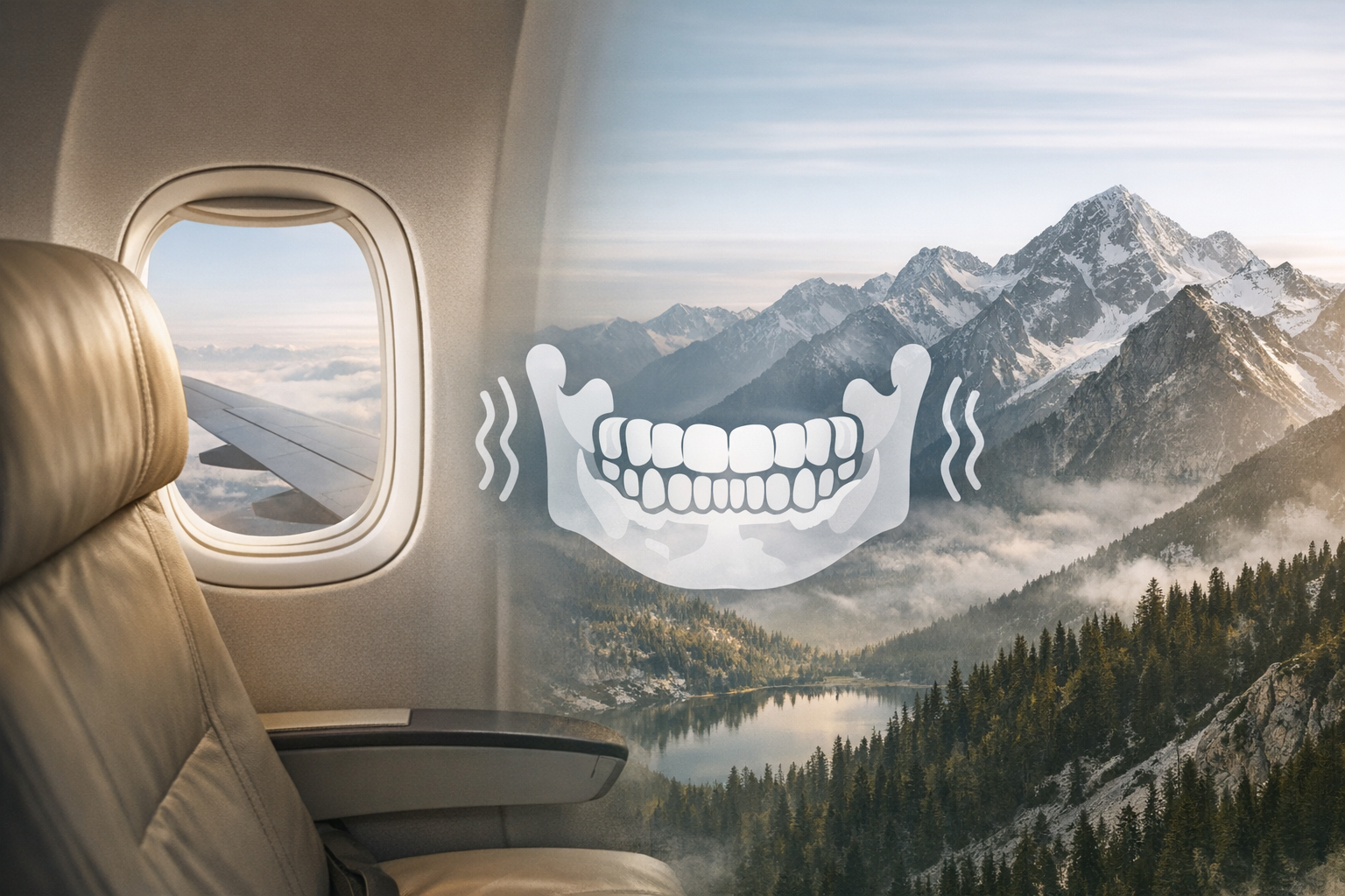 Airplane cabin and mountain with jaw icon for bruxism