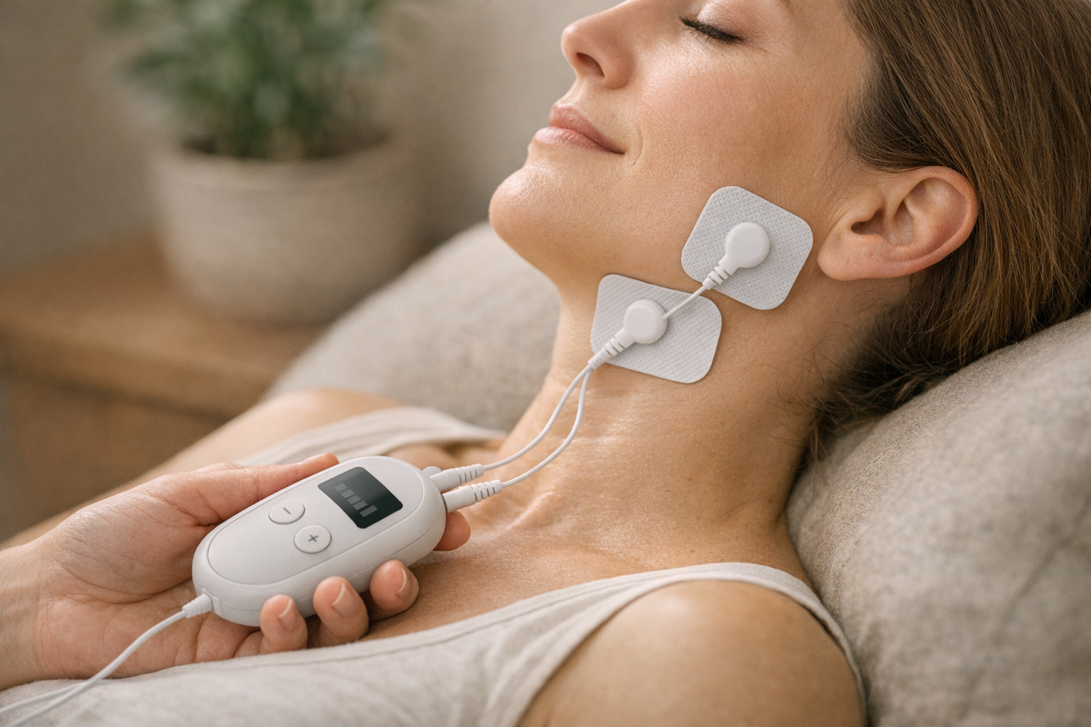 TENS device with electrodes on patient's jaw