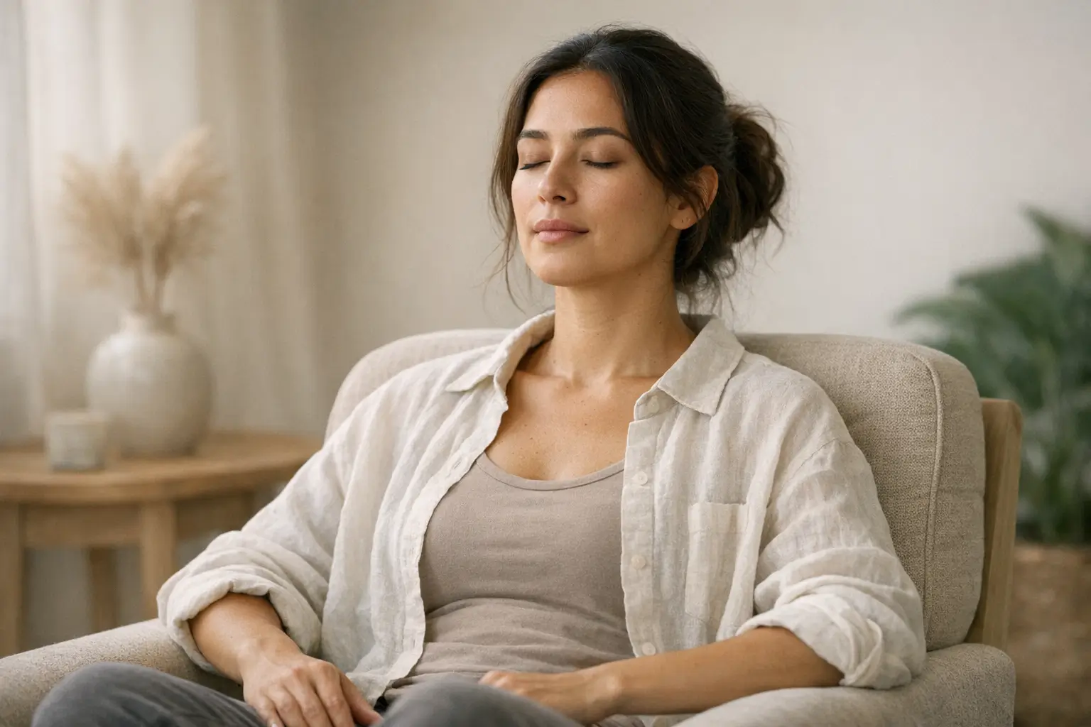 Person sitting in chair practicing mindful breathing