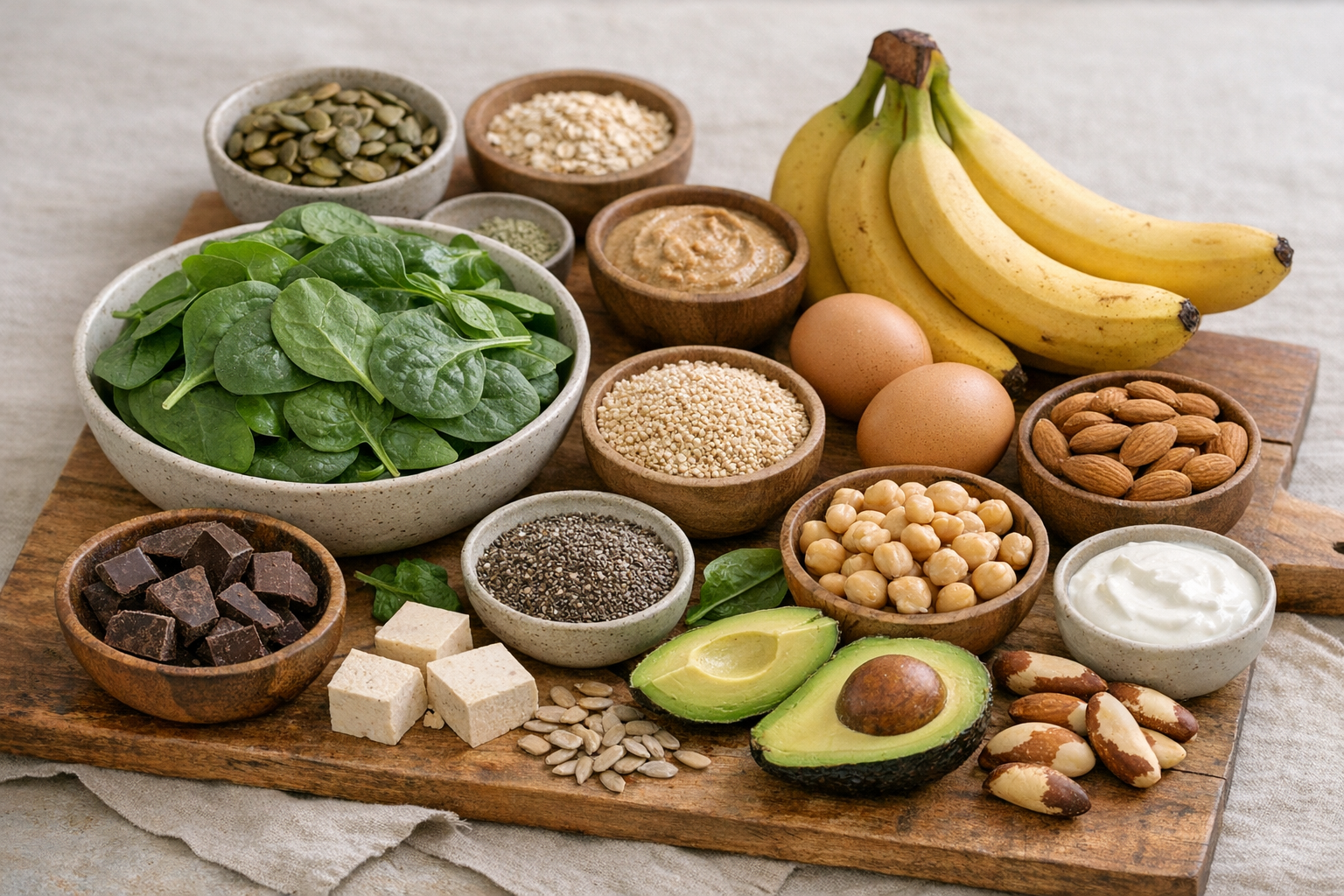Magnesium-rich foods like spinach and pumpkin seeds displayed
