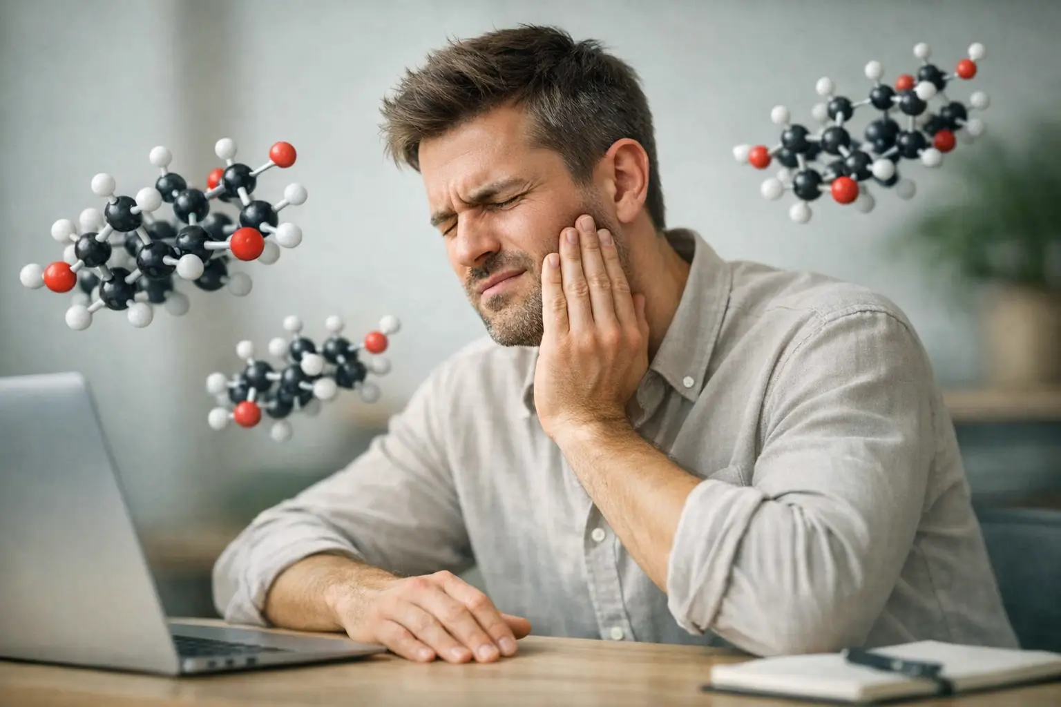 Stressed worker holding jaw, cortisol molecules nearby