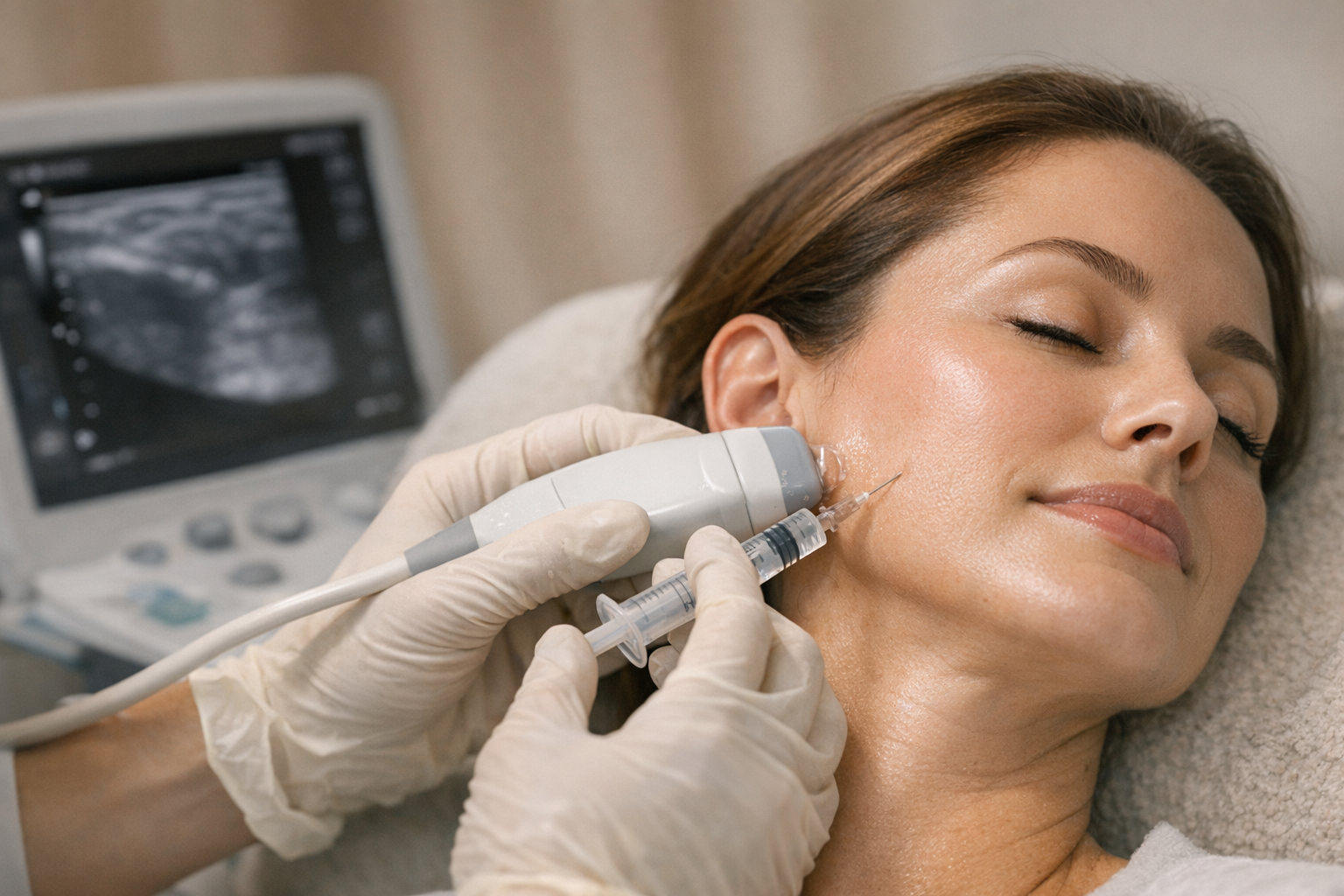 Clinician injecting Botox into masseter muscle under ultrasound