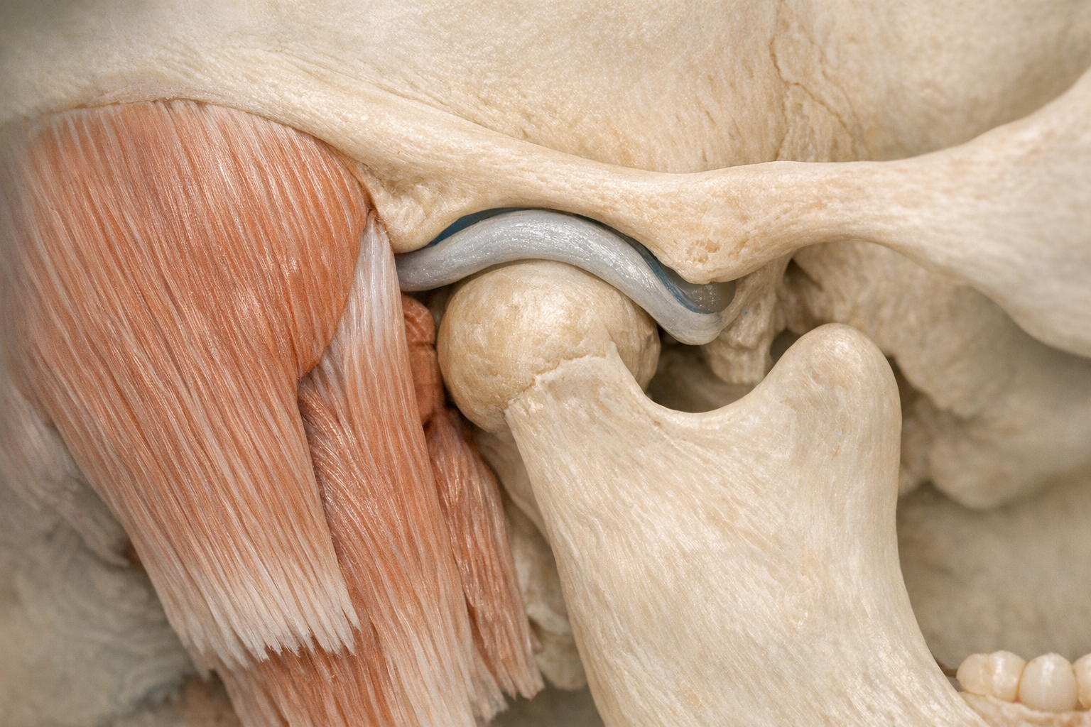 Diagram of temporomandibular joint with labeled components