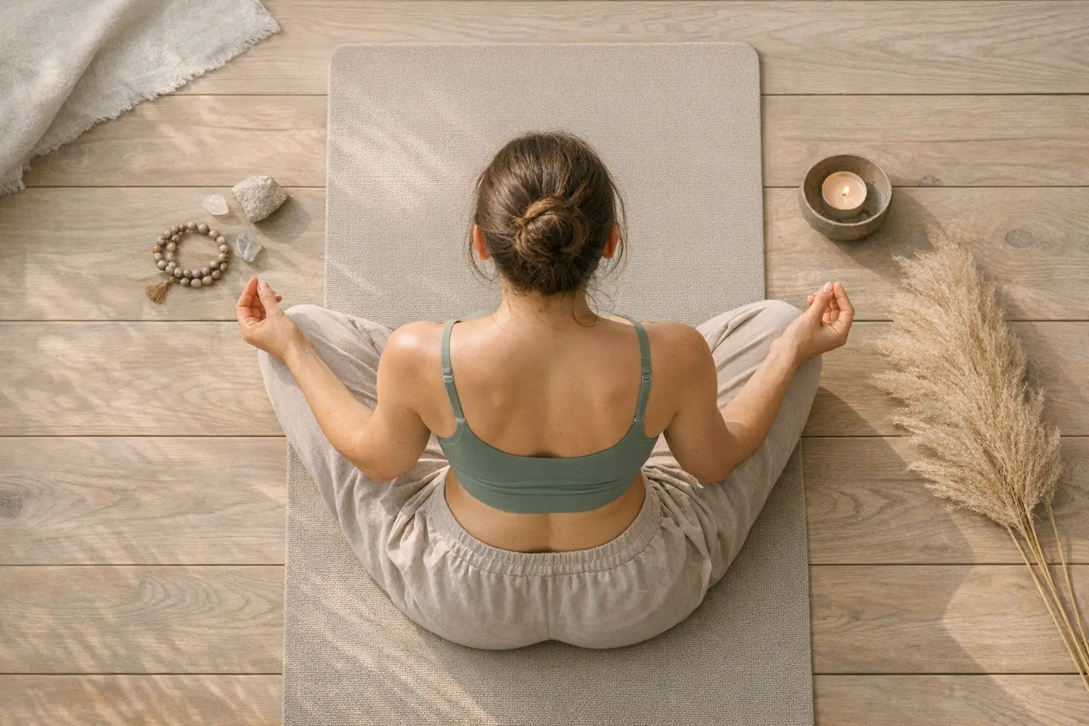 Person meditating on yoga mat for stress reduction