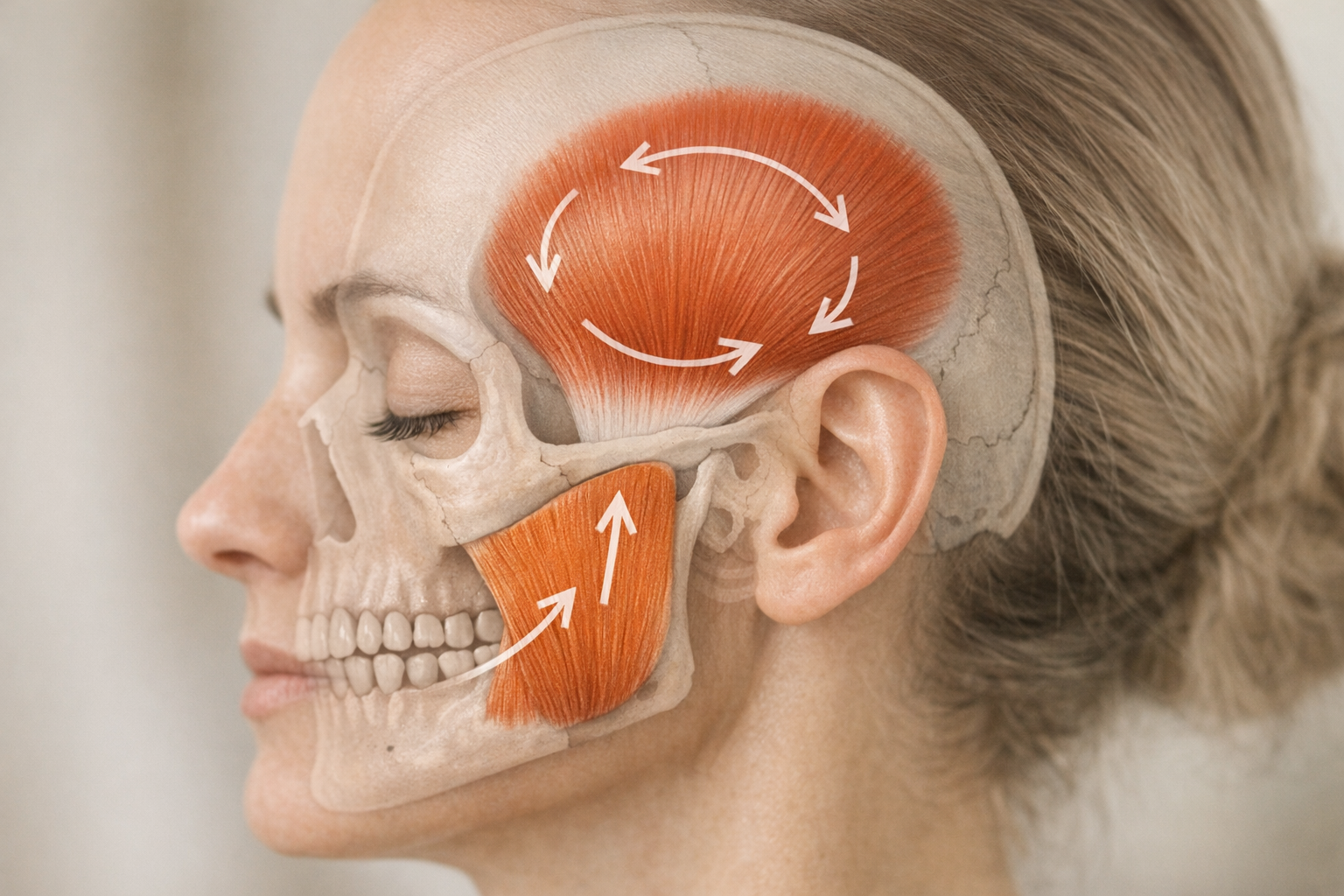 Jaw muscles diagram with massage directions highlighted