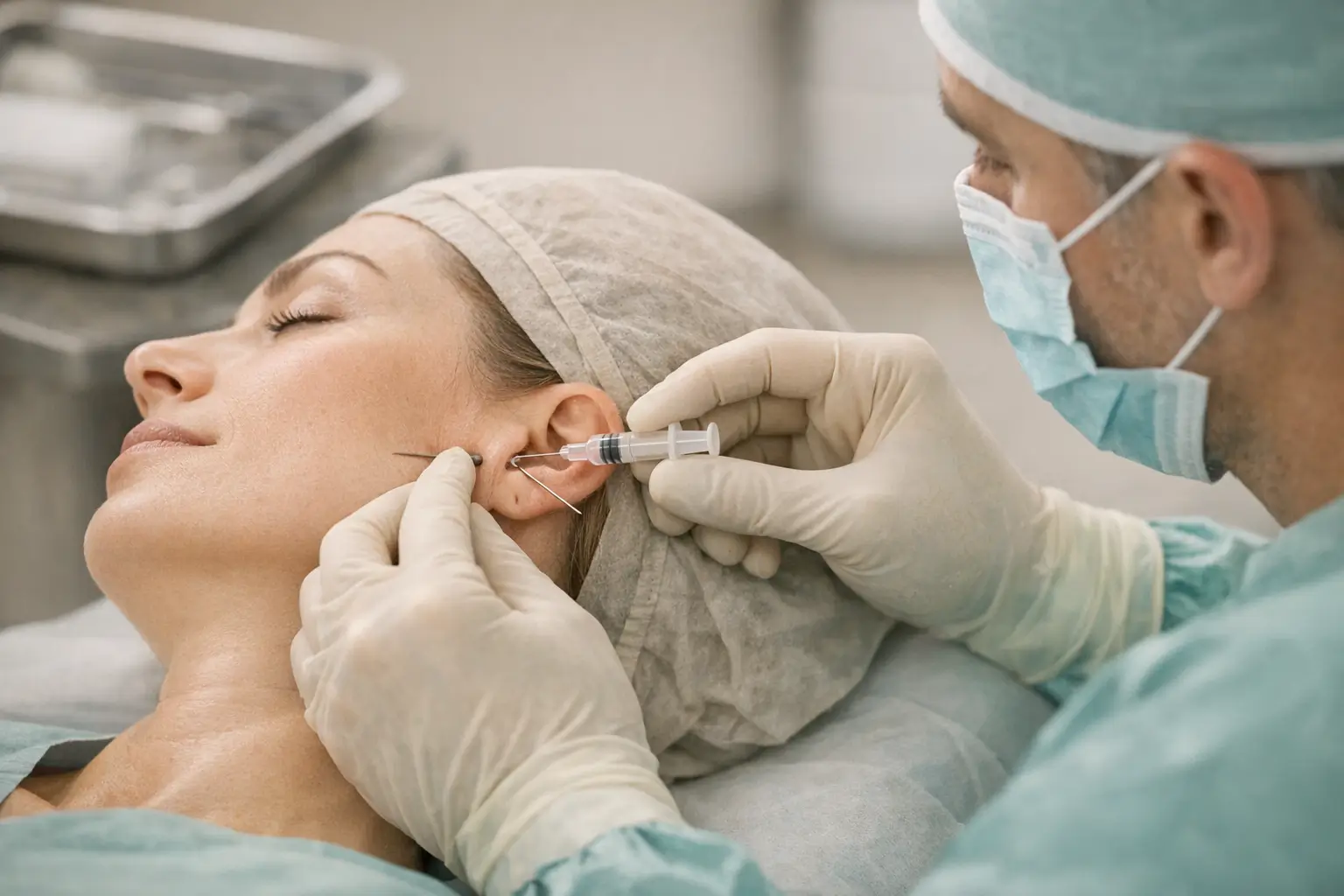 Surgeon performing TMJ arthrocentesis with small cannulas