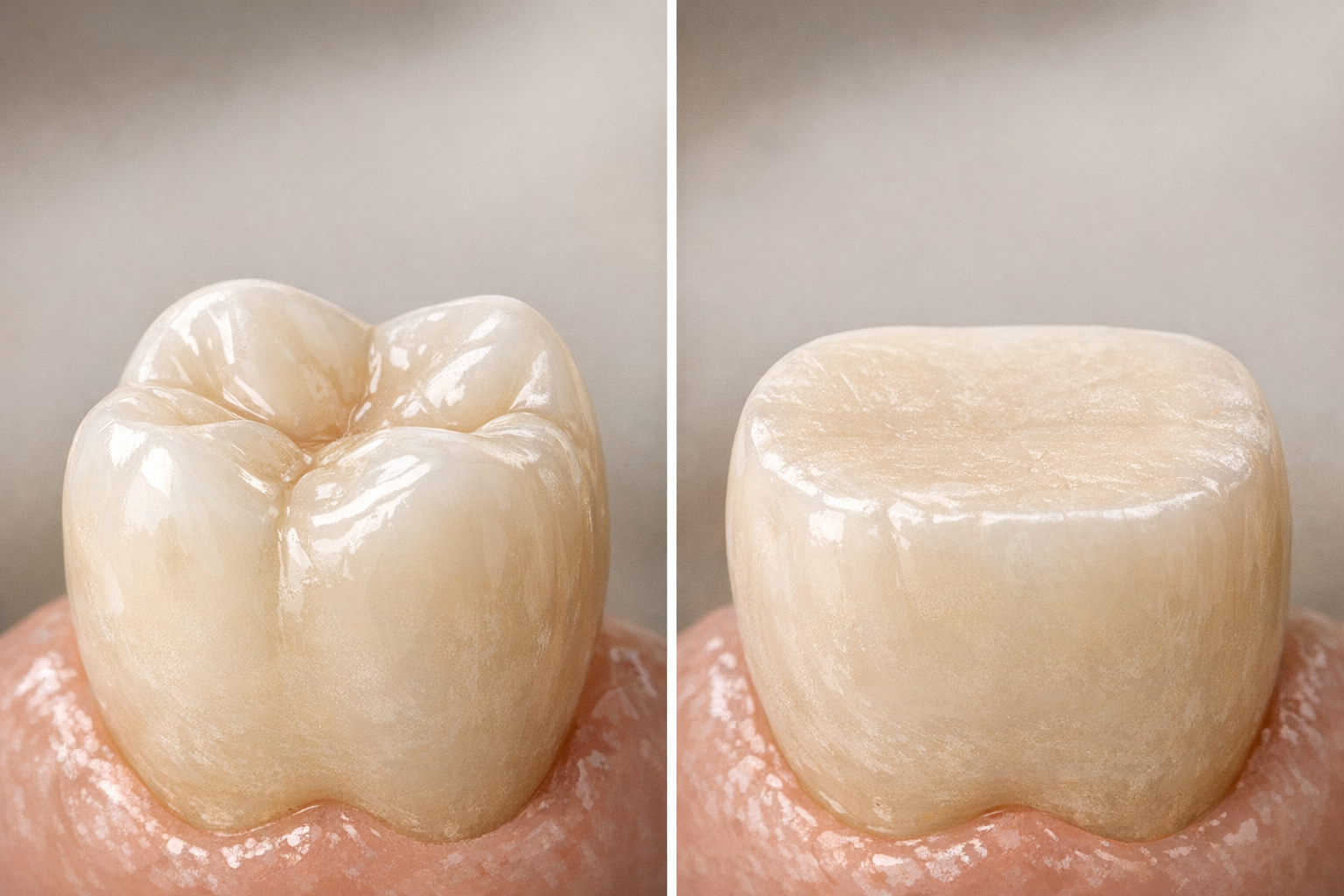 Illustration of healthy vs. worn-down tooth surfaces