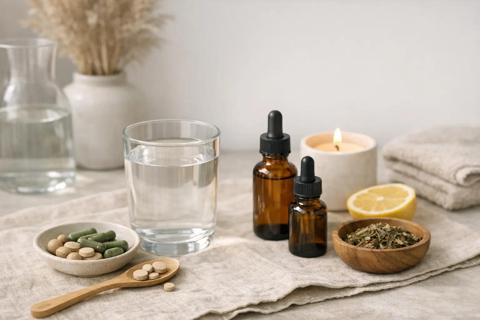 Alarm clock and sleep mask on a nightstand