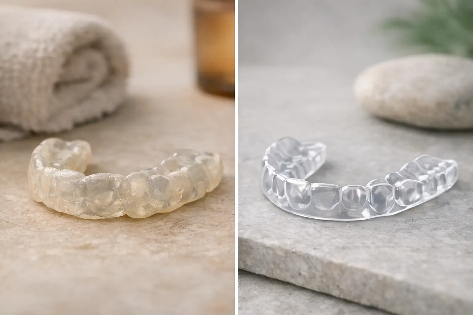 Old boil-and-bite guard next to sleek 3D printed guard