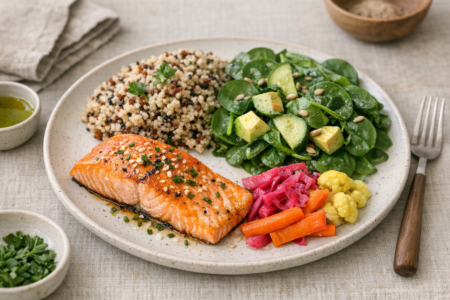 Plate of salmon, quinoa, spinach, and fermented vegetables