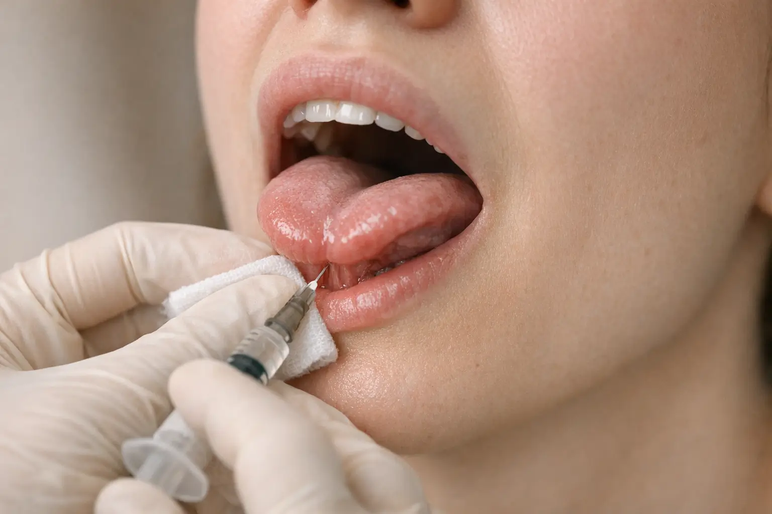 Clinician injects lingual frenulum under patient's tongue