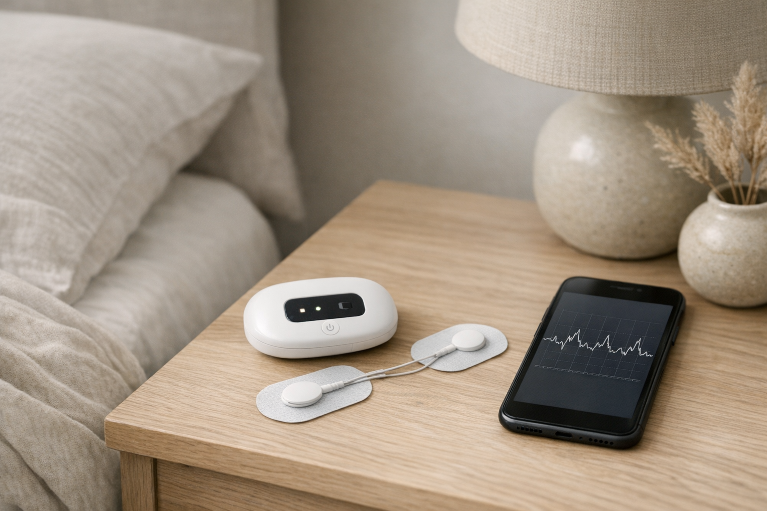 GrindCare device with electrode patches and smartphone chart