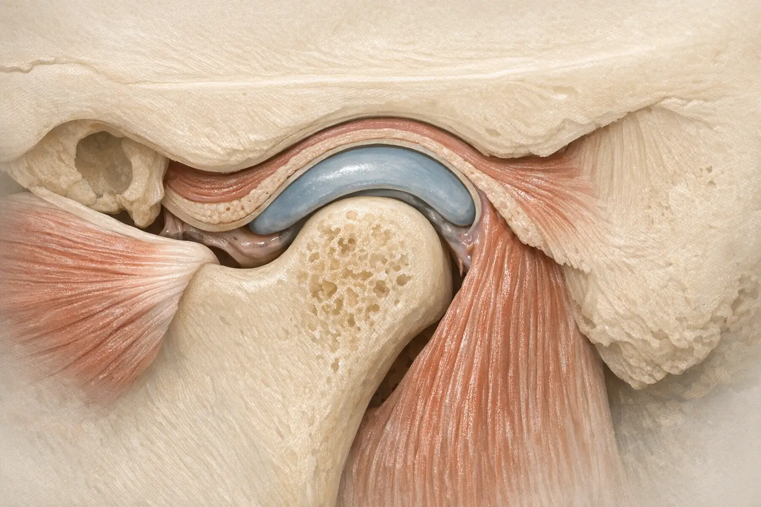 Cross-section of temporomandibular joint showing disc and muscles