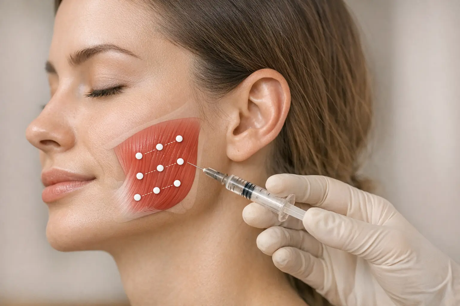 Diagram of botulinum toxin injection points in masseter muscle