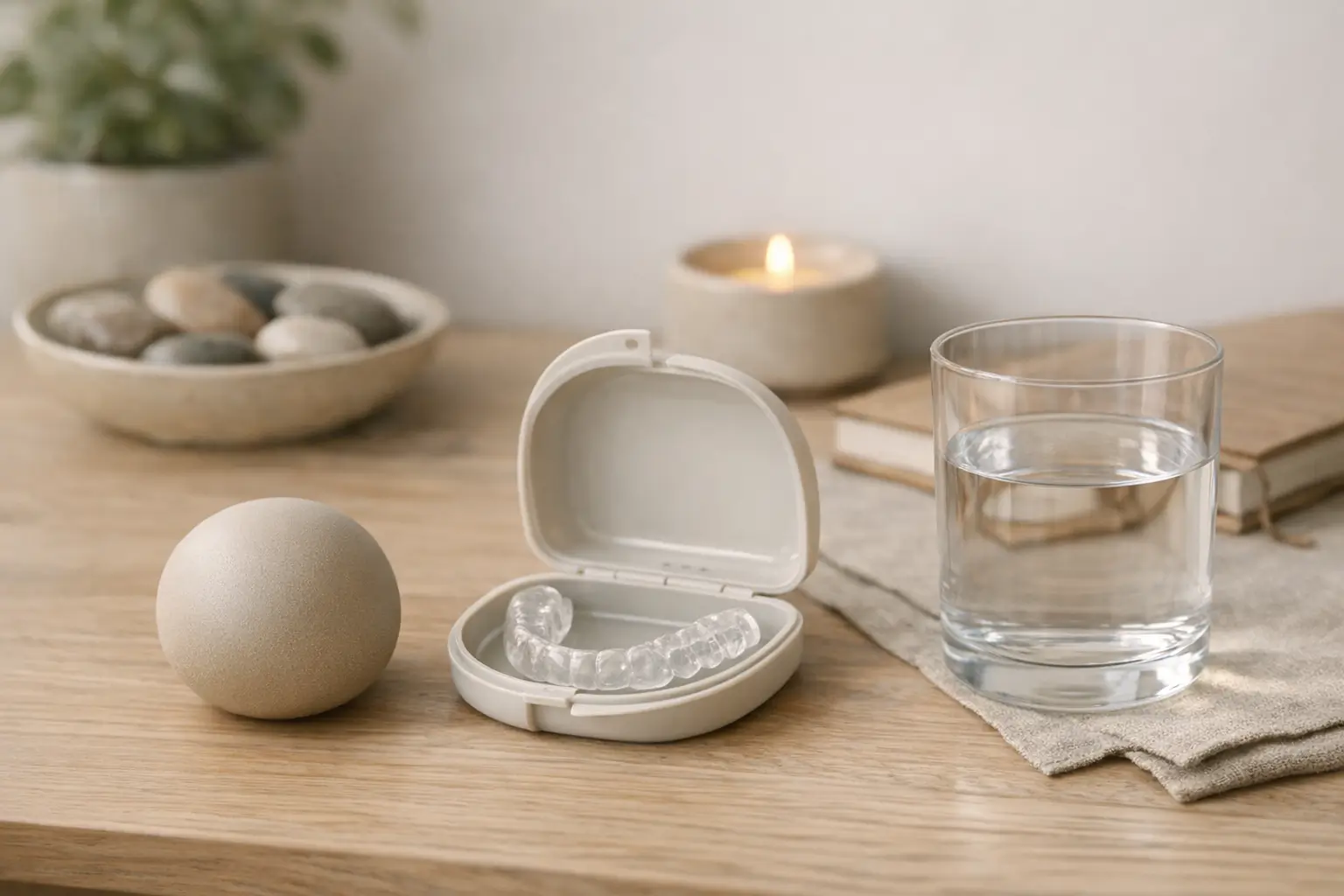 Desk with stress ball, night guard, water