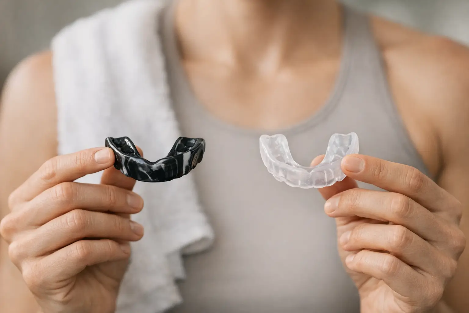 Athlete comparing custom mouthguard with boil-and-bite version