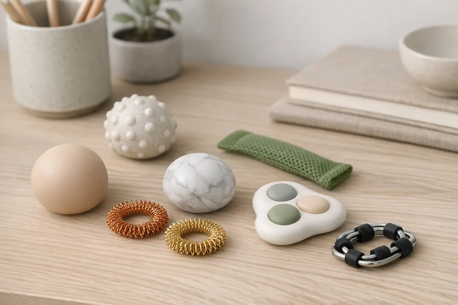 Sensory fidget tools like stress balls on desk