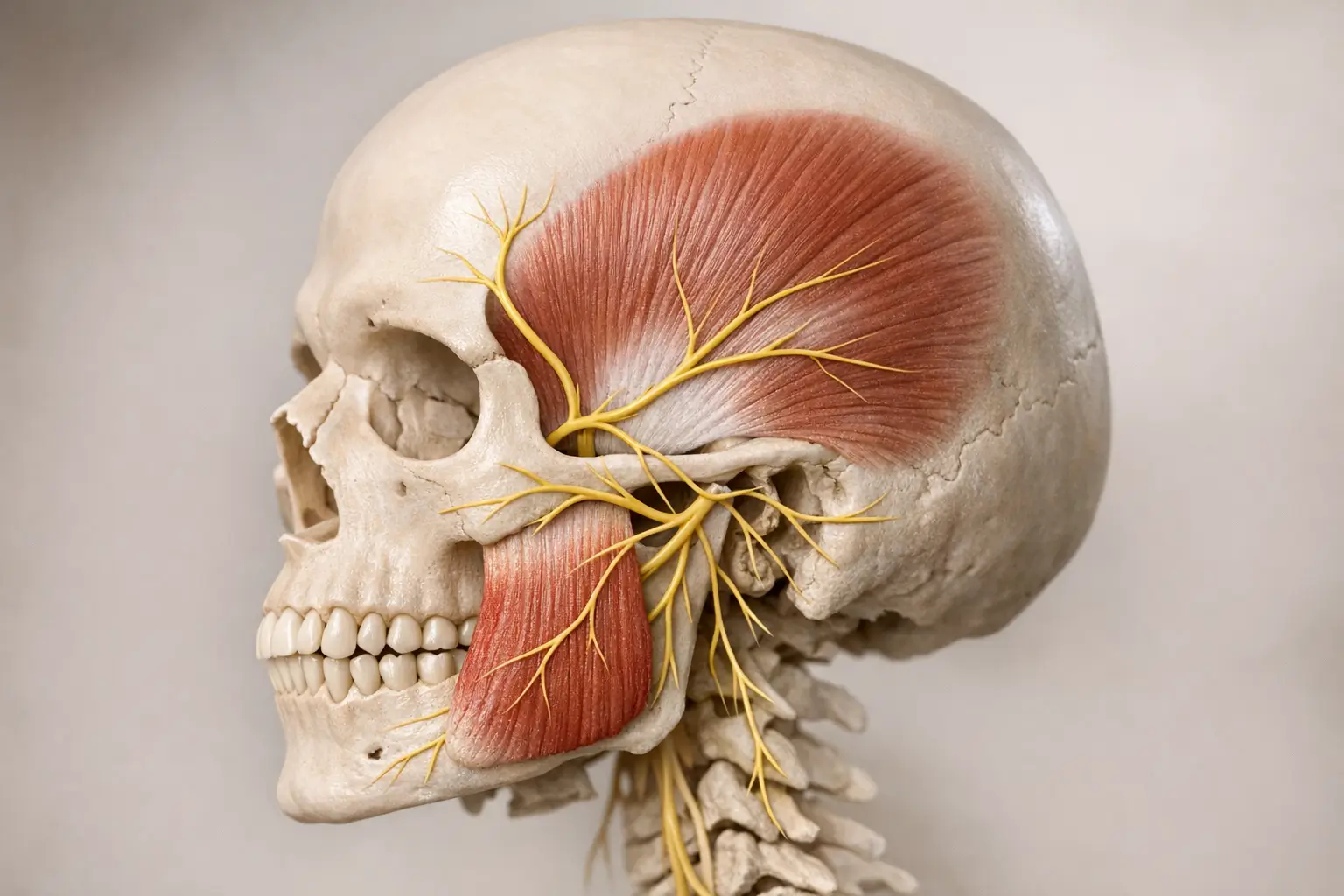 Diagram highlighting jaw muscles masseter and temporalis