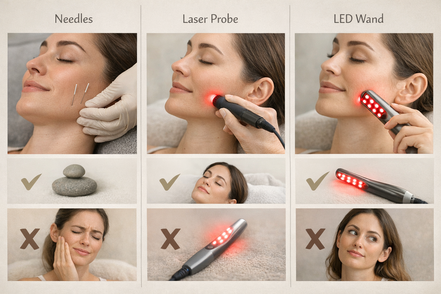 Infographic comparing acupuncture, laser, and LED for bruxism treatment