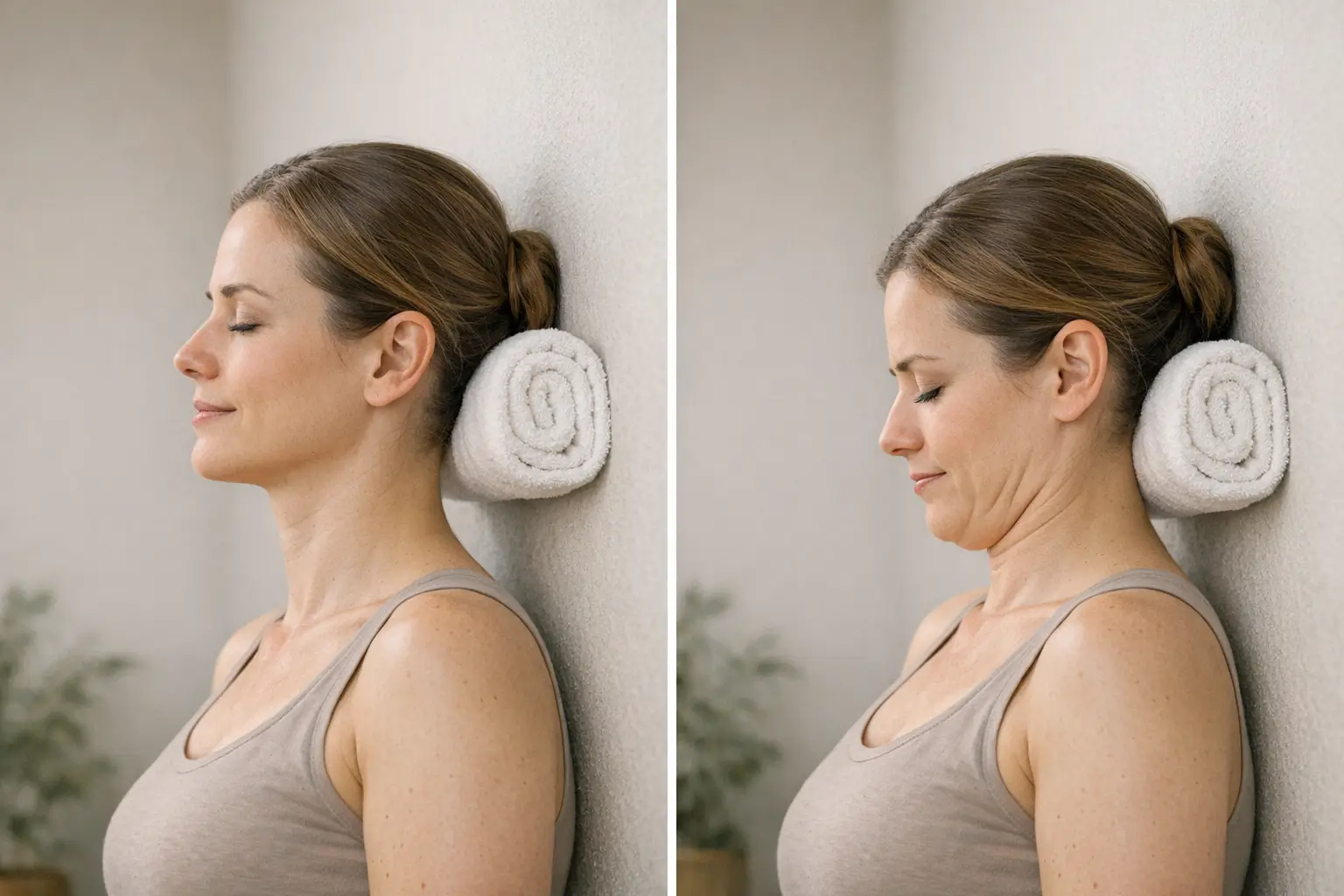 Person doing chin tuck with towel against wall