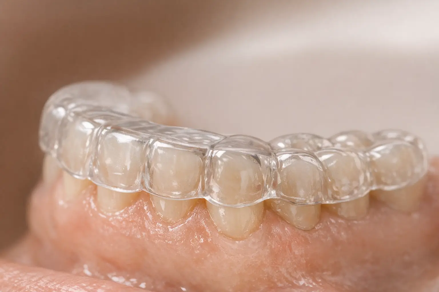 Transparent occlusal splint on molars close-up photo