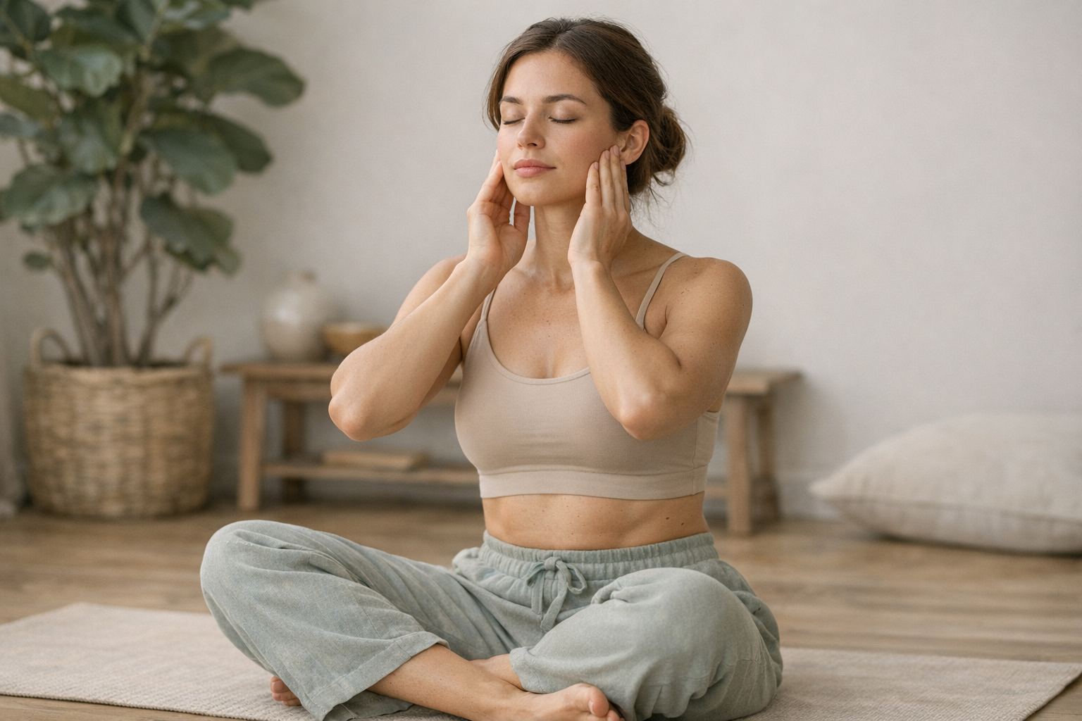Person doing diaphragmatic breathing for jaw relaxation