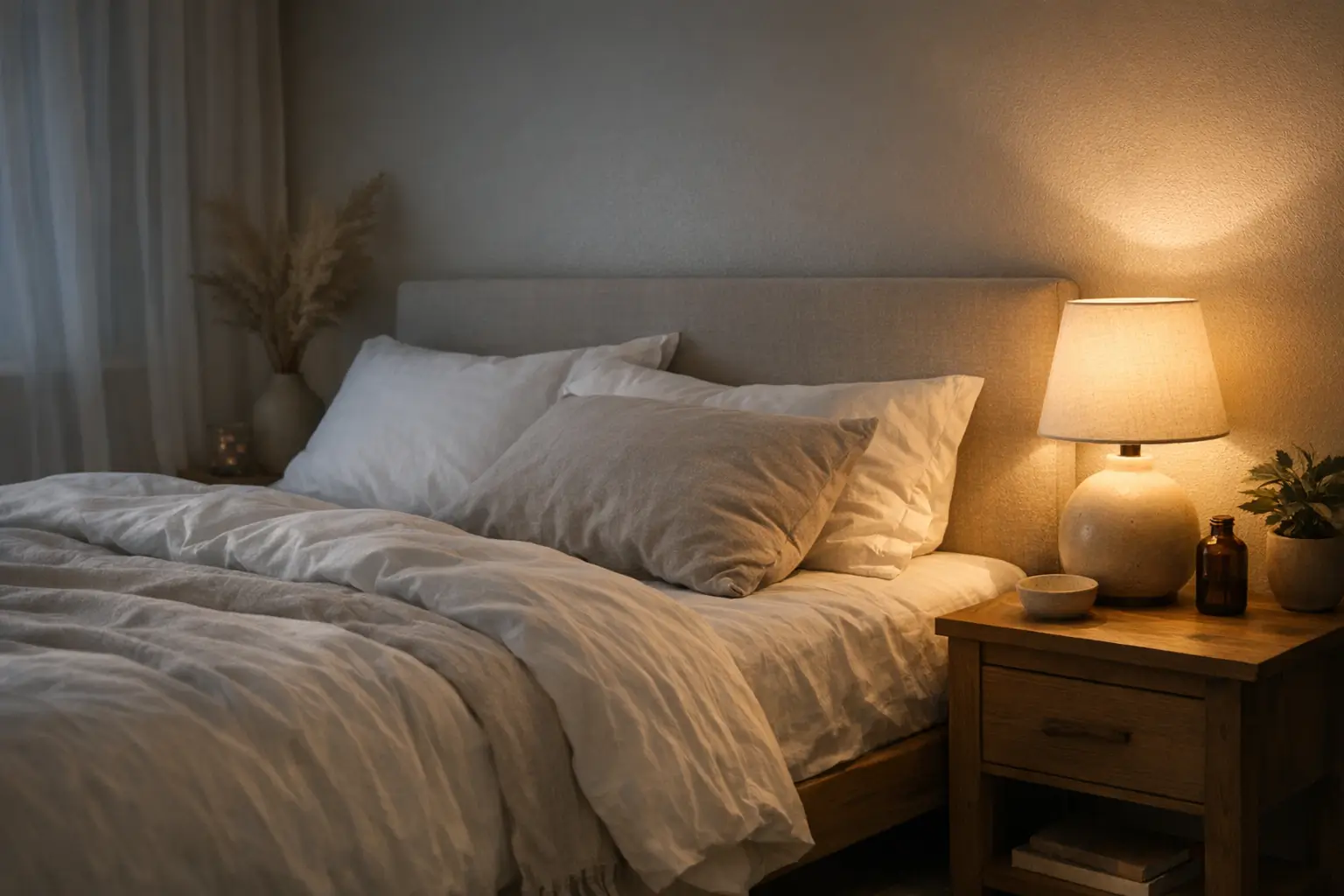 Dimly lit bedroom with ideal sleep environment