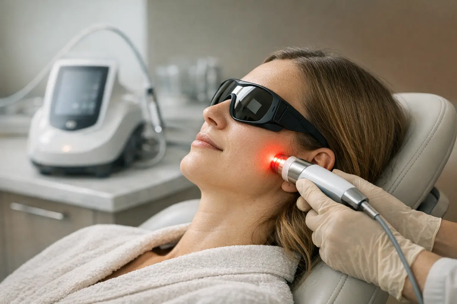 Dental clinic conducting laser therapy on jaw joint