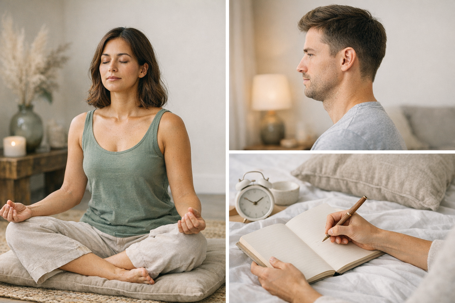 Collage of meditation, chin-tuck exercise, sleep diary