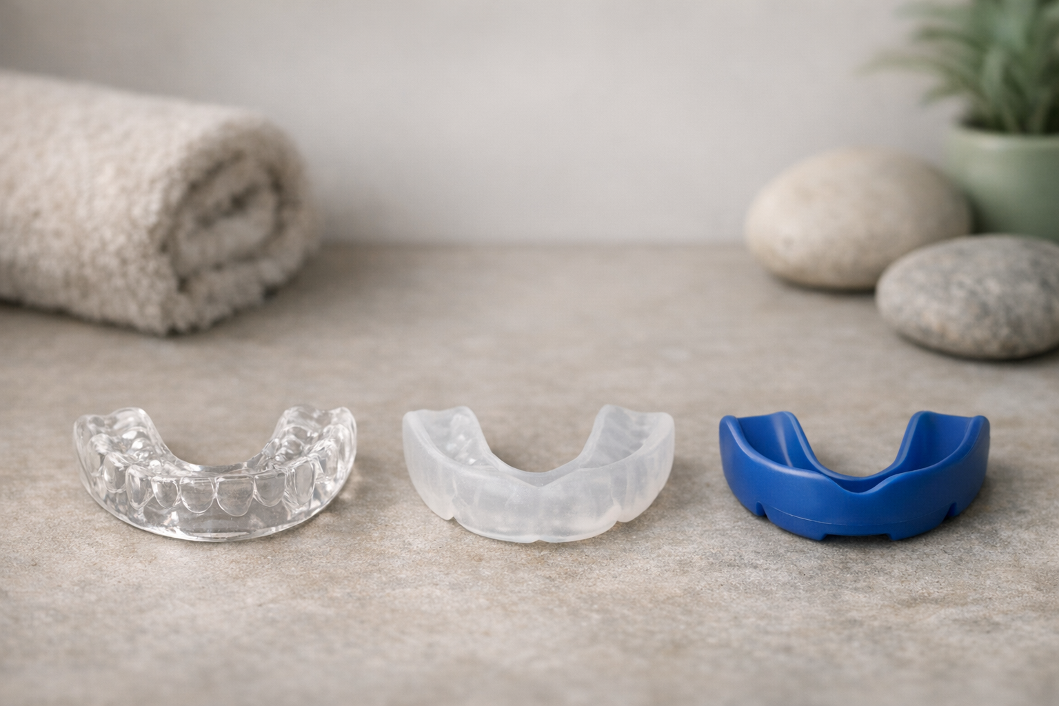 Three mouth guards: custom, boil-and-bite, stock